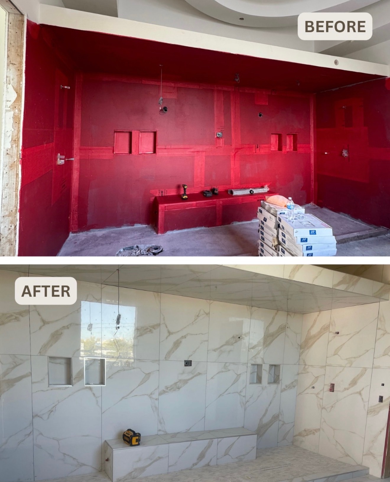 Before and after: waterproofing to calacatta marble tile