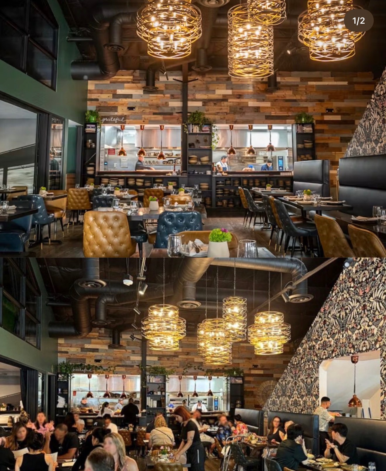 Restaurant interior with reclaimed wood walls and orbital chandeliers